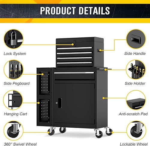Miniatura 6 de Caja de herramientas con ruedas con 5 cajones, exclusiva caja de herramientas 3 en 1 combinada con carrito de utilidad extraíble de 2 neumáticos,