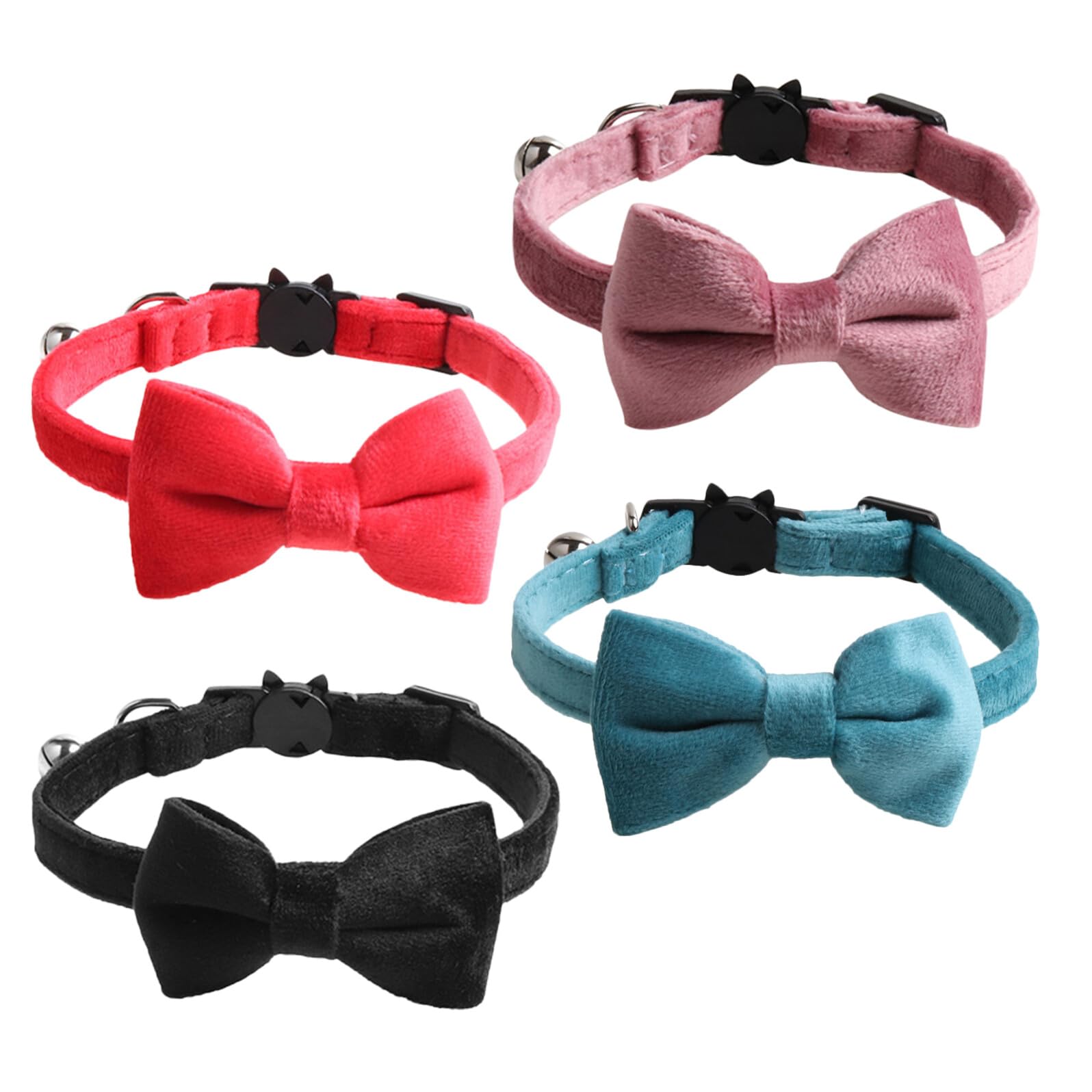 Hohopeti 4 Stück Teiliges Samt-katzenhalsband mit Glöckchen und Abnehmbarem Schleifen-Bowtie Verstellbar Sicherer Breakaway-Verschluss Wachstumsadaptiv Festlich für Kätzchen und Katzen für