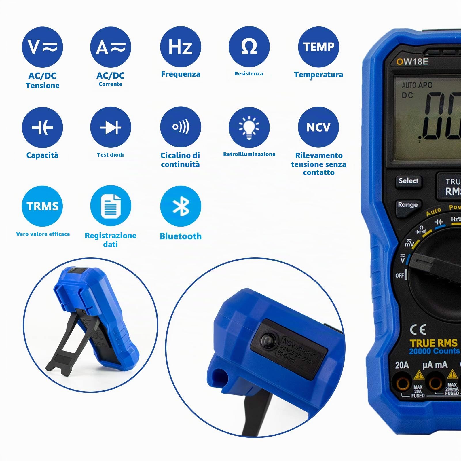owon OW18E - Multimetro digitale Bluetooth, 20000 conti multimetri, voltmetro amperometro ohmmetro controllo circuito con fili di prova LCD retroilluminati, registratore dati T-Rms NCV