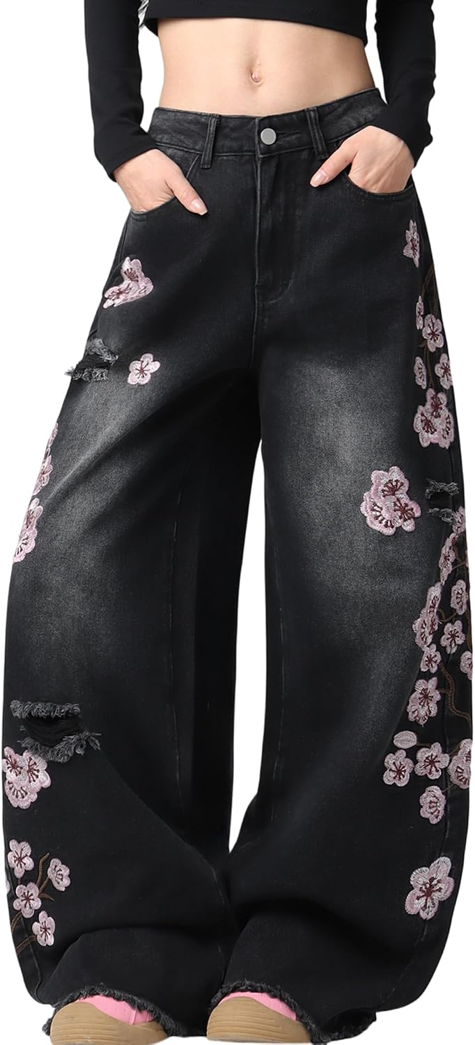 Women Baggy Jeans Vintage Floral Embroidery Wide Leg Denim Pants Y2K Hip Hop Streetwear Long Trousers