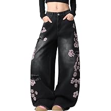Women Baggy Jeans Vintage Floral Embroidery Wide Leg Denim Pants Y2K Hip Hop Streetwear Long Trousers