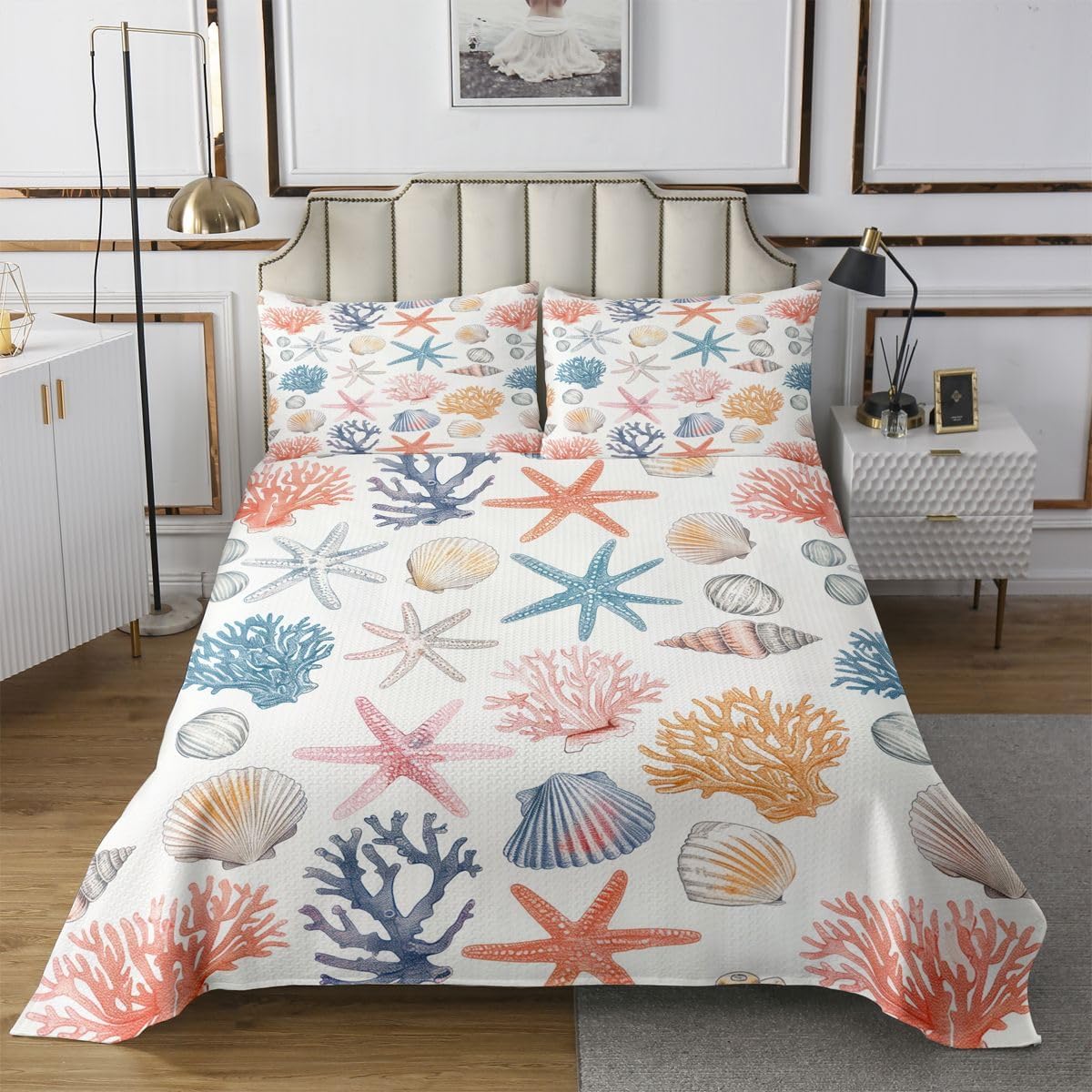 Homewish Beach Scenery Bedspread King Size,Coastal Ocean Wave Coverlet Set Room Decor Kids Teens Adult,Blue Lounge Chair Bedding Quilt,Colorful Wildflowers Quilted Coverlet,2 Pillowcases