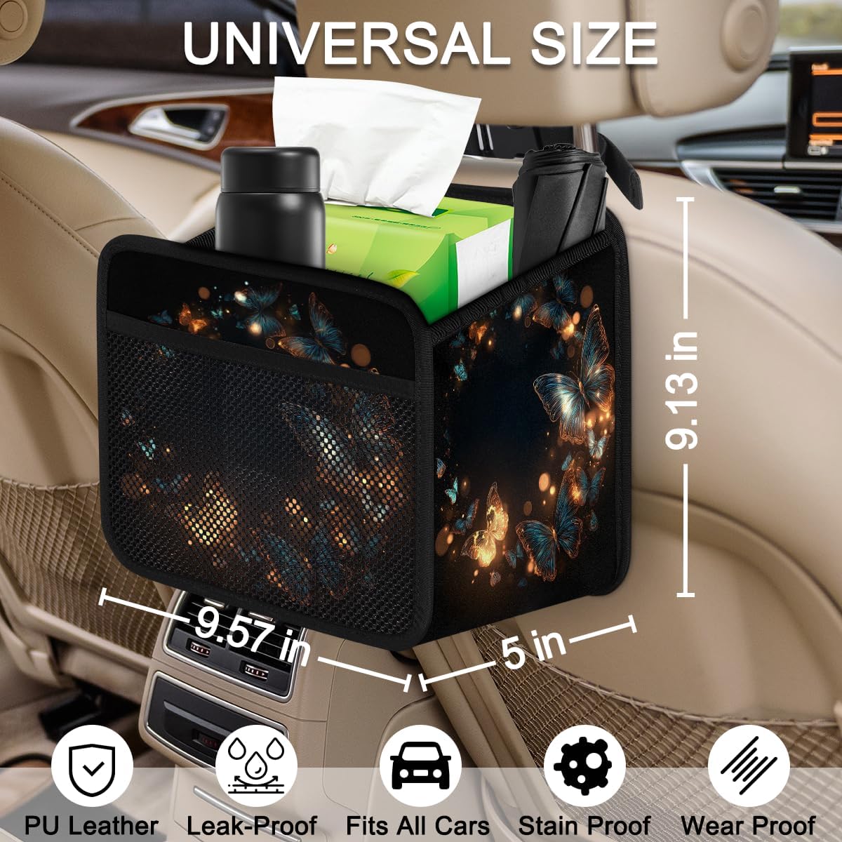 Warm Gold Glowing Butterfly Circle Car Backseat Organizer PU Leather Truck Back Seat Trash Bag Foldable Universal Hanging Storage Box Travel Accessories