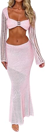 Womens Crochet Knit 2 Piece Skirt Sets Hollow Out Knitted Crop Top Side Slit Bodycon Long Skirt Set Beach Maxi Dresses