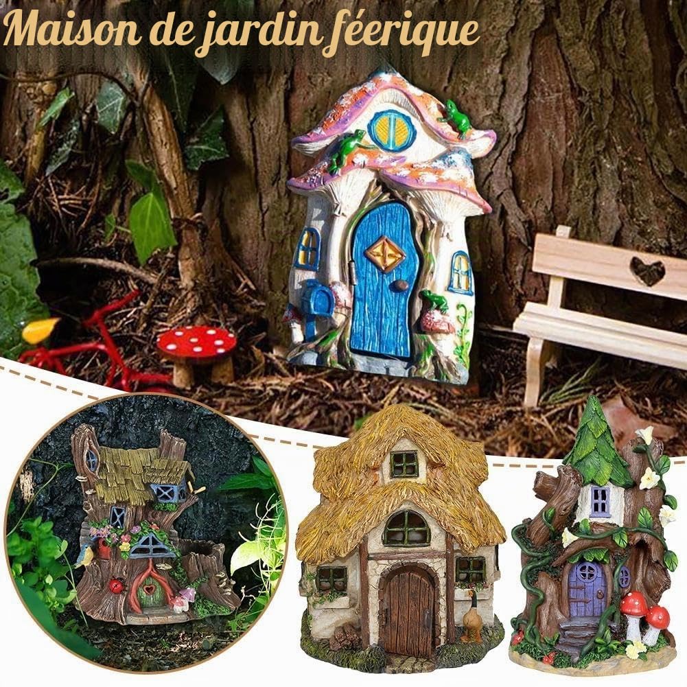 Maisons de jardin féériques miniatures Figurines de fées statues pour ornements extérieurs Cour Accessoires en bois Sculpture