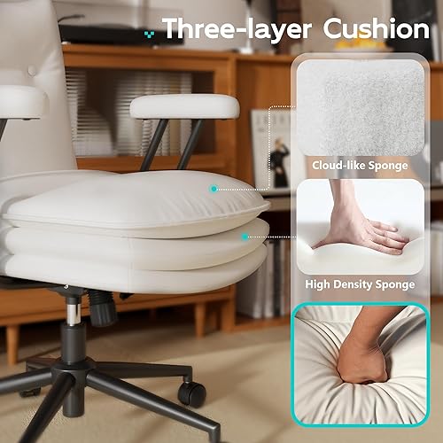 Miniatura 4 de Silla de oficina de cuero blanco con ruedas, asiento ancho de triple capa, altura ajustable, respaldo medio, cómoda silla de escritorio para el