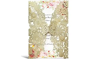 Hosmsua Champagne Gold Laser Cut Floral Wedding Invitations