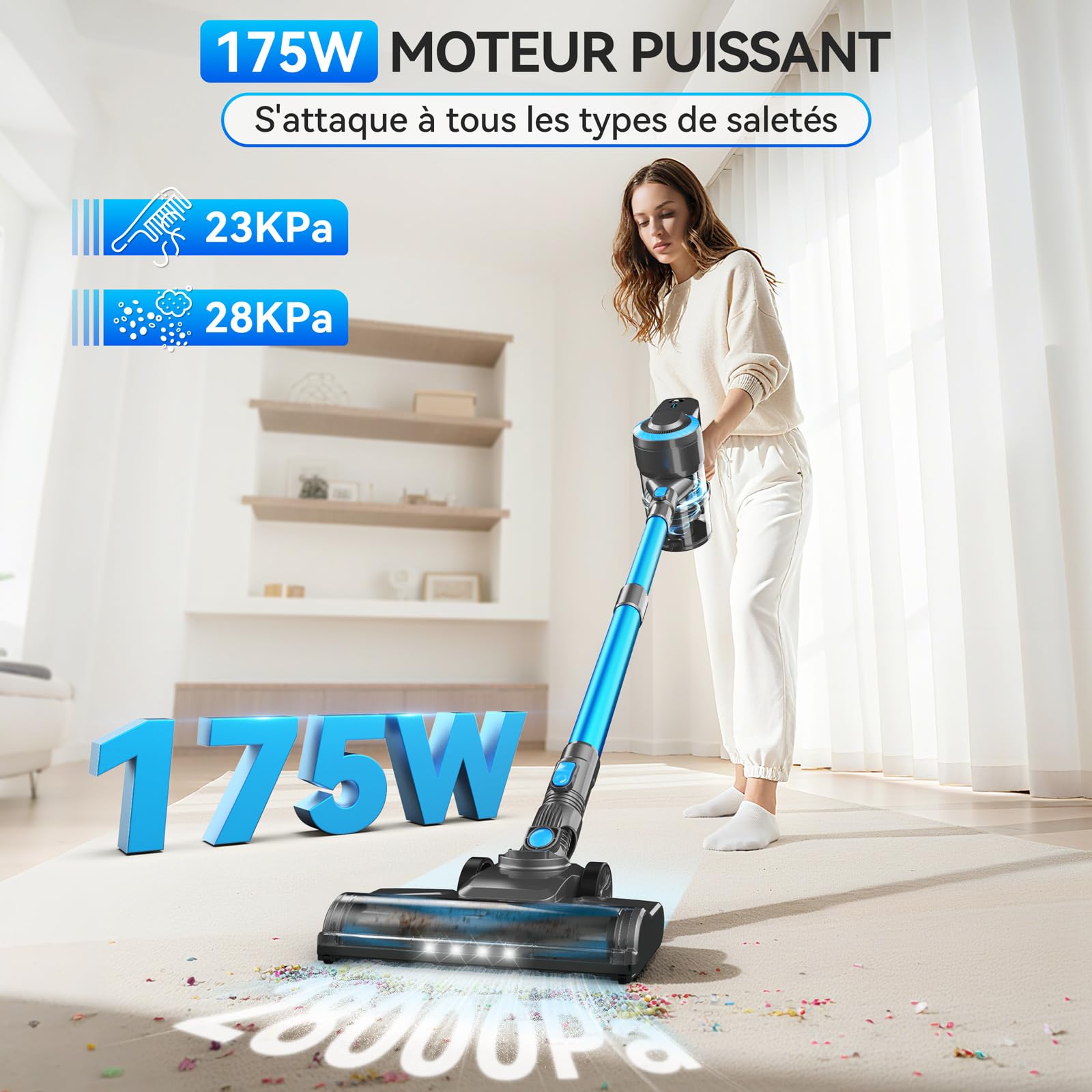 Aspirateur Balai sans Fil, 28kPa Aspirateur sans Fil, 6 en 1 Aspirateur Puissant Aspirateur sans Fil Puissant 55 Minutes d'Autonomie, Brosse LED, Aspirateur Balai pour Tapis Sols Poils d'animaux