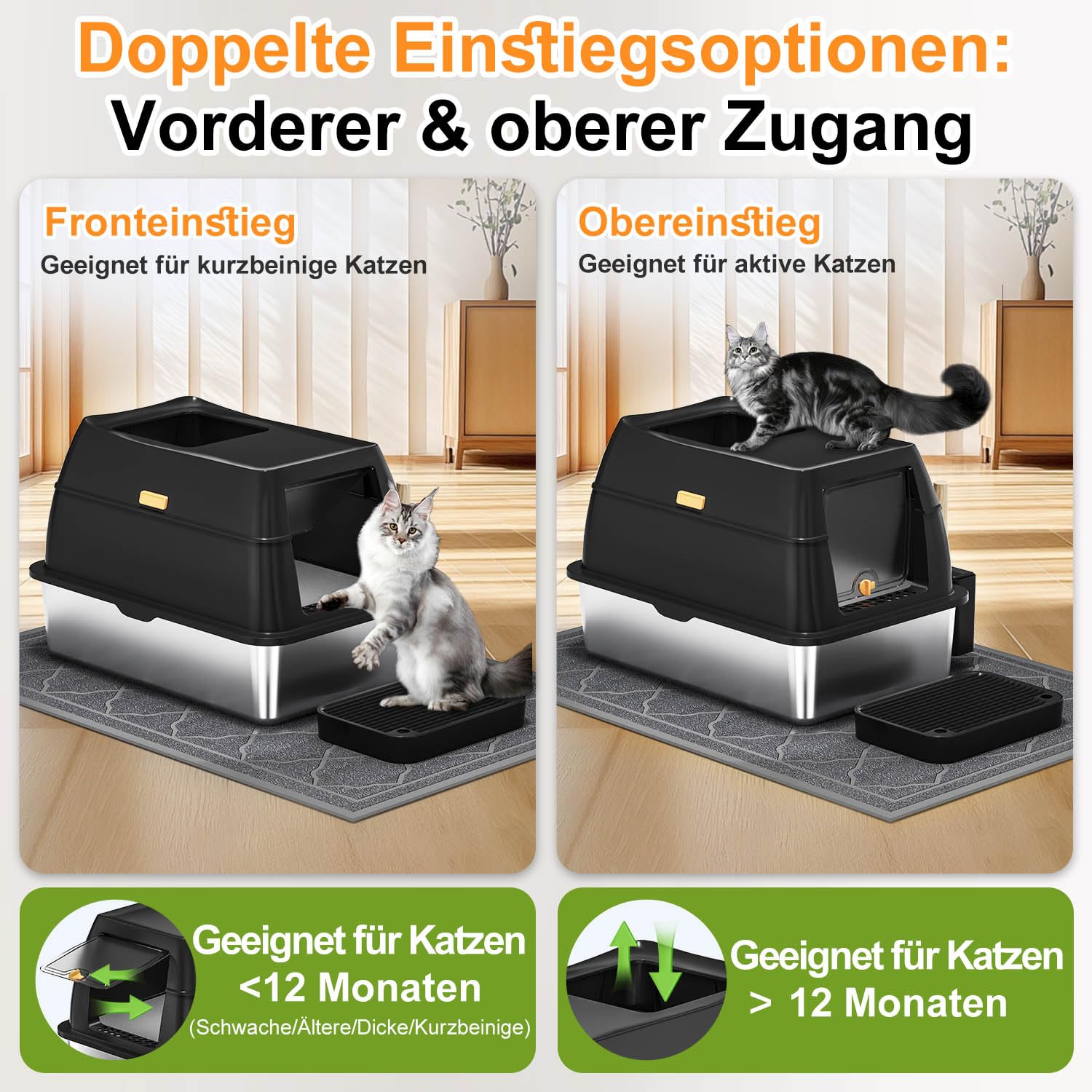 Edelstahl Katzenklo mit Haube, Geschlossene Katzentoilette mit Einstieg vorne & Oben, leicht zu reinigendes Metall Katzenklo für große Katzen - inkl. Katzenstreuschaufel & Matte - Schwarz
