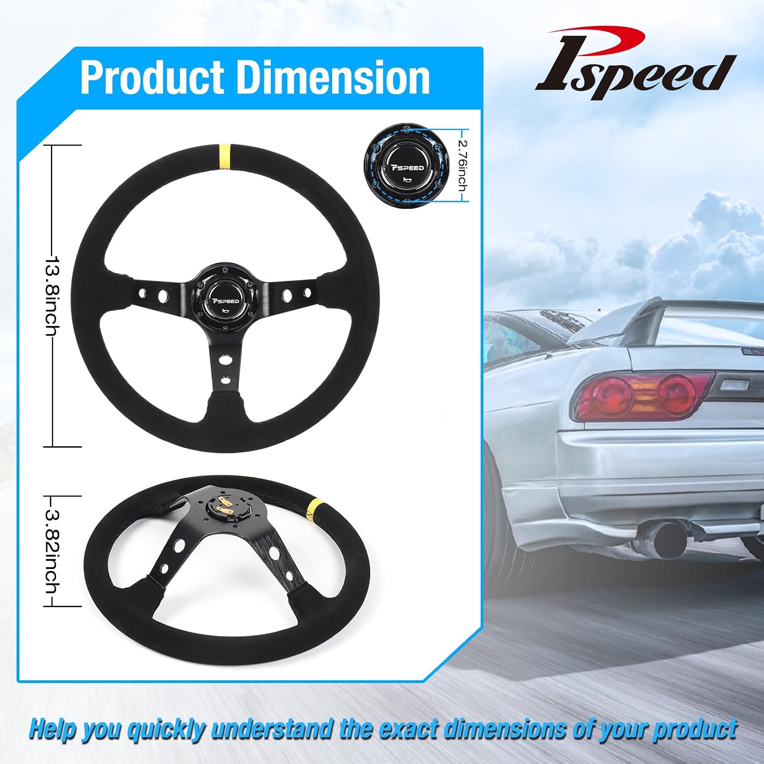 14”350mm Universal Racing Steering Wheel, Genuine leather suede,6 Bolts 3 Spoke,Drifting 97MM Deep Dish Sports Steering Wheel with Horn Button for Raing,Cars,Golf Carts,Go Karts