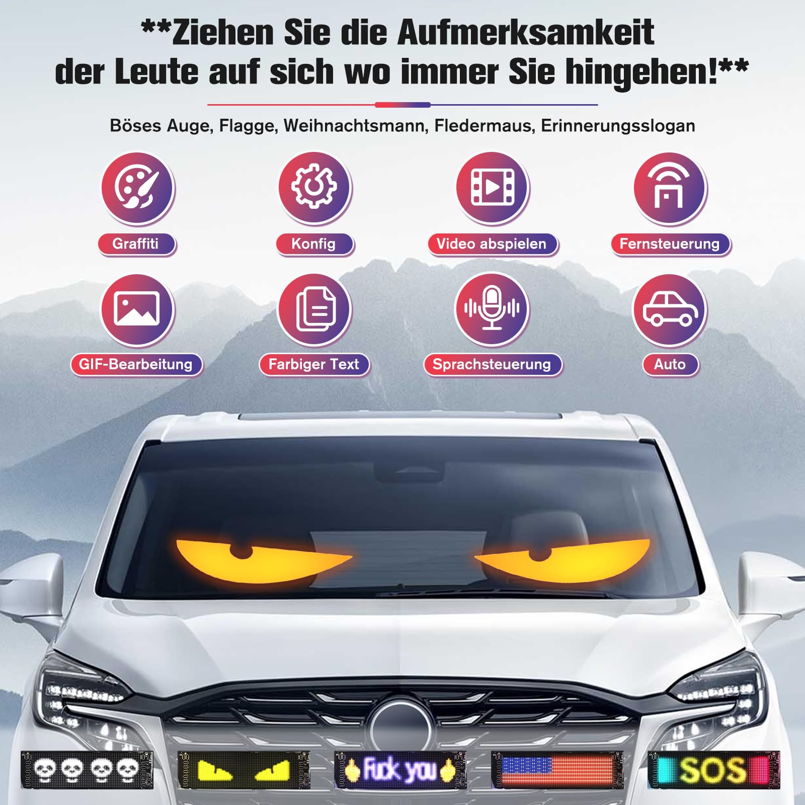 2er Led Augen für Lkw Auto (19*90cm), Devil Eyes Light for Cars, Teufelaugen Licht Dynamische Programmierbarer Personalisiert Augen Lichtschilder, mit APP-Steuerung und Fernbedienung Bluetooth USB 5V