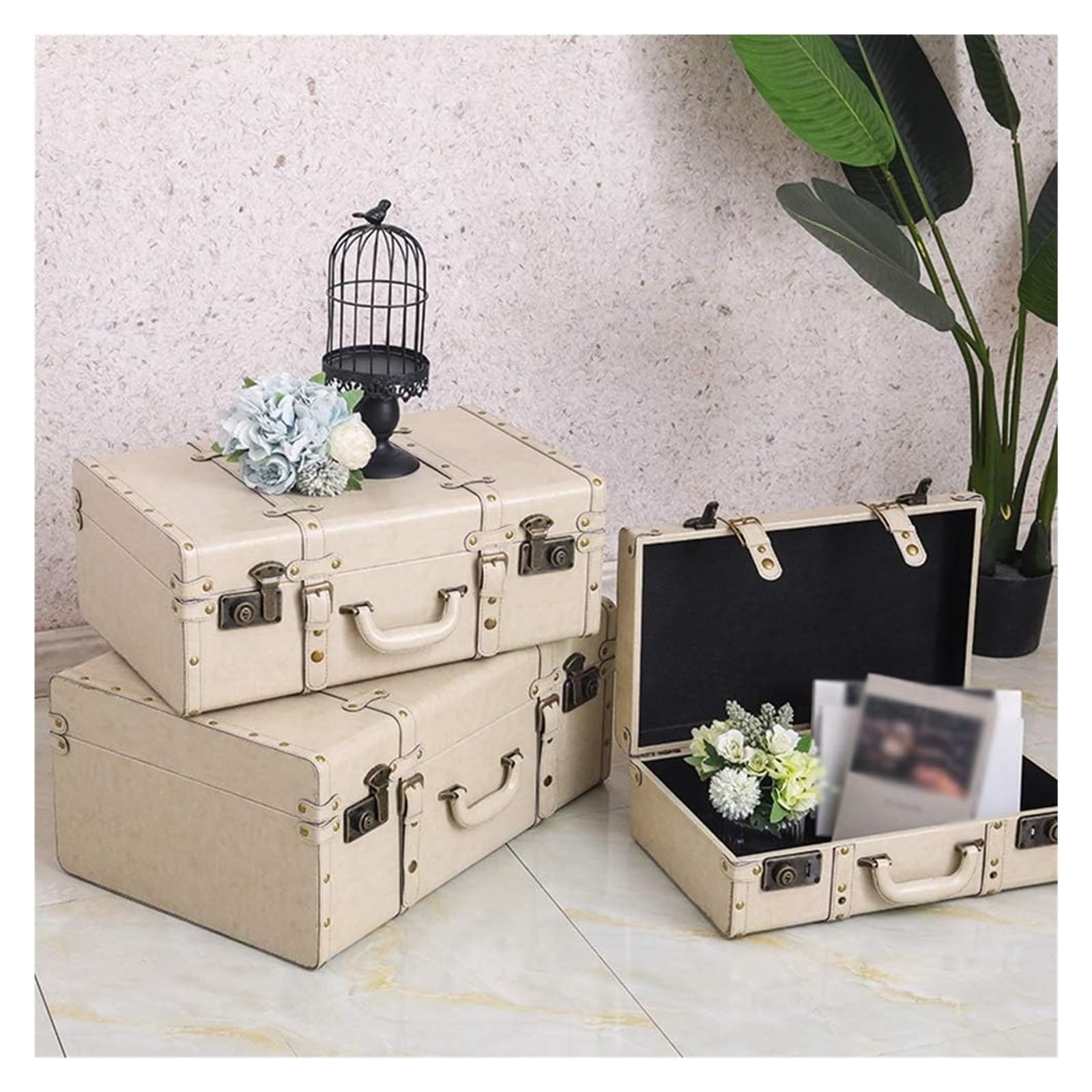 Drewniany bagażnik w stylu vintage, pudełko do przechowywania rekwizytów fotograficznych i dekoracji domu, 3 style (biały, 48 x 28 x 16 cm) - antyczny bagaż podróżny