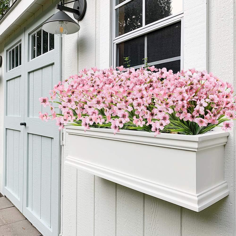20 Bundles Outdoor Artificial Flowers UV Resistant No Fade Fake Violet Flowers for Indoor Outside Hanging Plants Garden Patio Porch Window Box Home Wedding Farmhouse Decor (Pink)