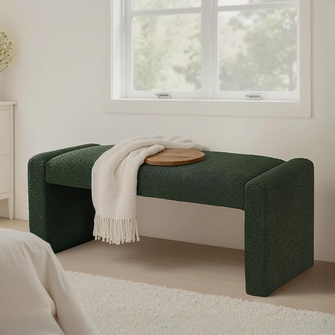 47" End of Bed Bench, Modern Fabric Upholstered Entryway Bench, Footrest Stool Accent Bench with Solid Wood Frame for Bedroom Living Room, Green