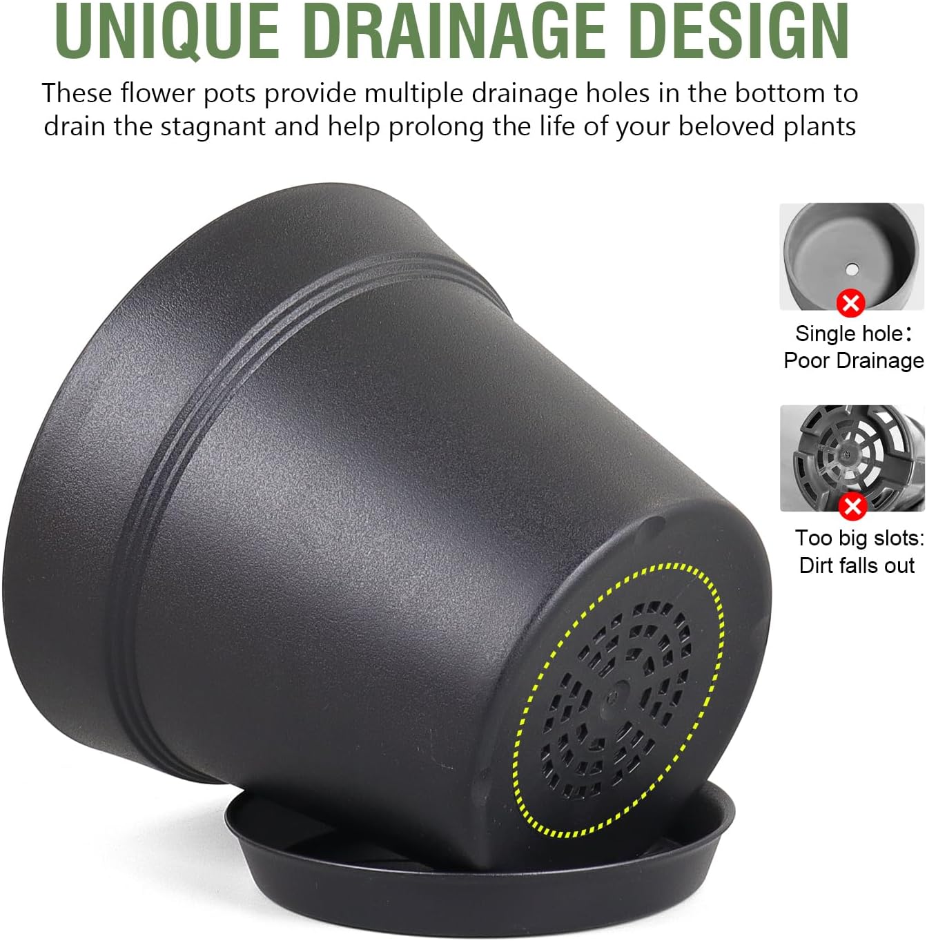 Meowell 6 inch Nursery Pots, 16 Pack Plastic Plant Pots for Indoor Outdoor Plants, Flower Pots with Drainage Holes and Saucers, Decorative Seedling Starter Planters for House Plants, Black