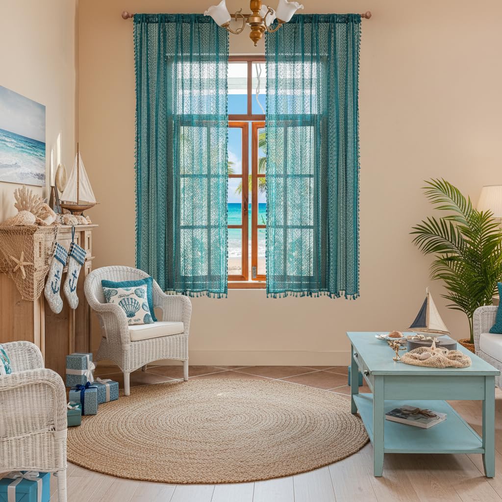 WAZZIO Boho Lace Curtains 63 Inches 2 Panel,Light Filtering Privacy Tassel & Geometry Crochet Semi Sheer Curtain Drapes for Bedroom Living Dining Room,Rod Pocket & Tassel,Coastal Style,Teal — image 1