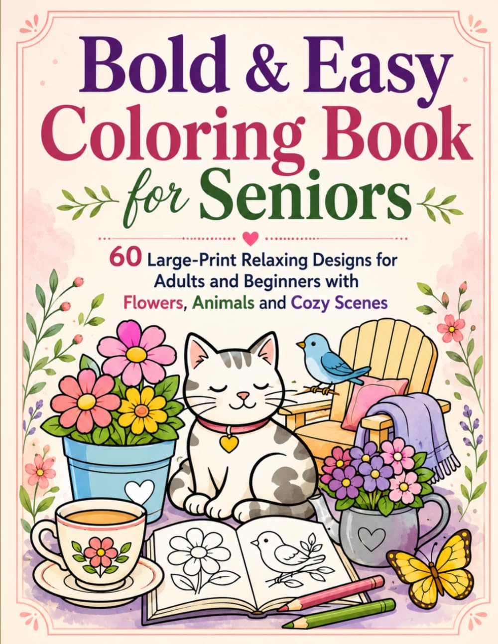 Bold & Easy Coloring Book for Seniors: 60 Large-Print Relaxing Designs for Adults and Beginners with Flowers, Animals and Cozy Scenes