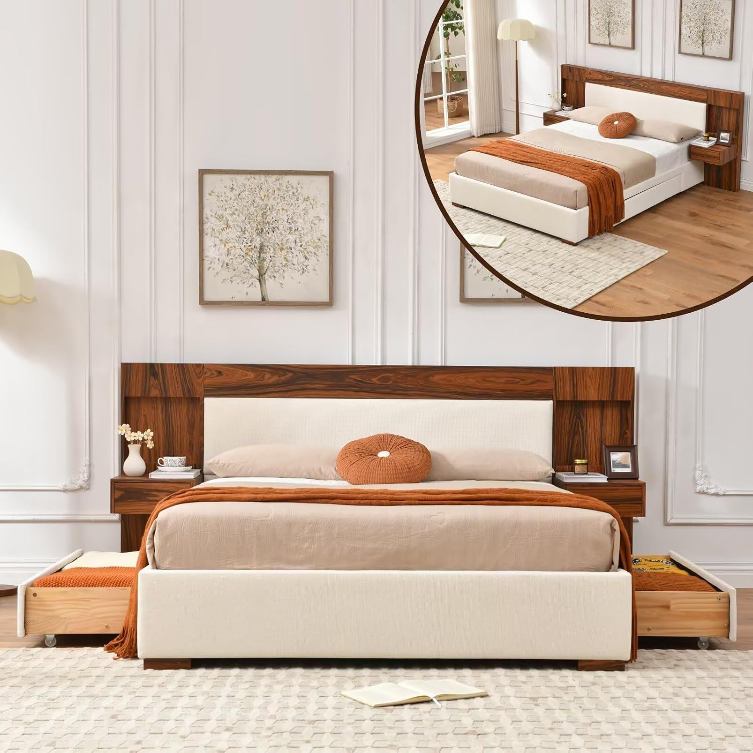 Queen Size Wood Bed Frame with Built-in Nightstands, Linen