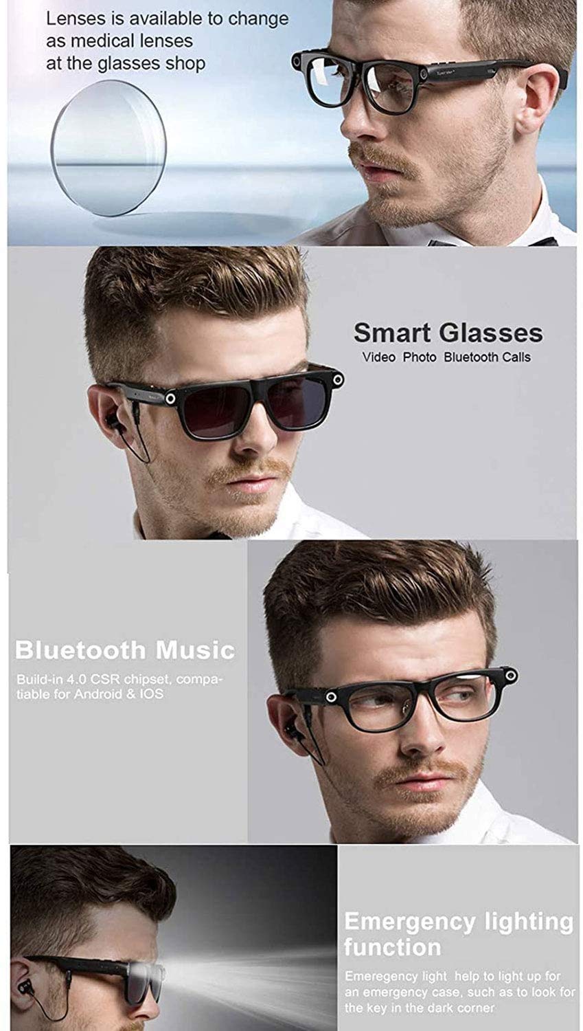 Bicchieri Intelligenti Multifunzione - Occhiali da Sole con Audio Video di 720p HD Videocamera, Nero, con connettività Bluetooth (Color : B)