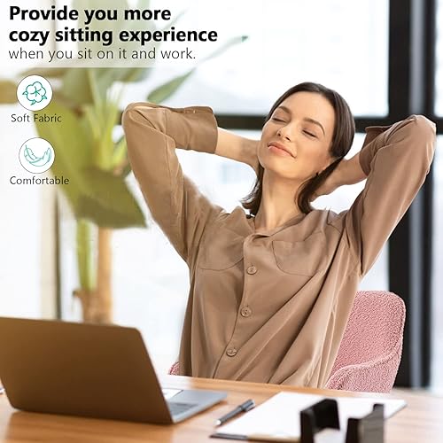 Miniatura 6 de Silla moderna de peluche para oficina en casa, bonita silla de escritorio tapizada con patas de metal dorado, silla giratoria ajustable con ruedas,