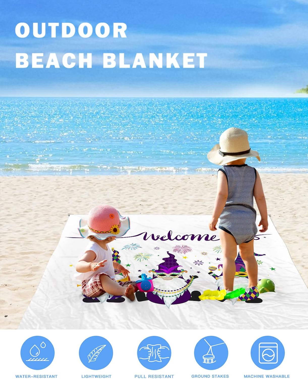 Carnival Festival Funny Gnomes Celebration Beach Blanket Waterproof Sandproof Outdoor Picnic Mat 108"x84" White Lightweight Large Beaach Blankets with 4 Stake & 4 Corner Pockets
