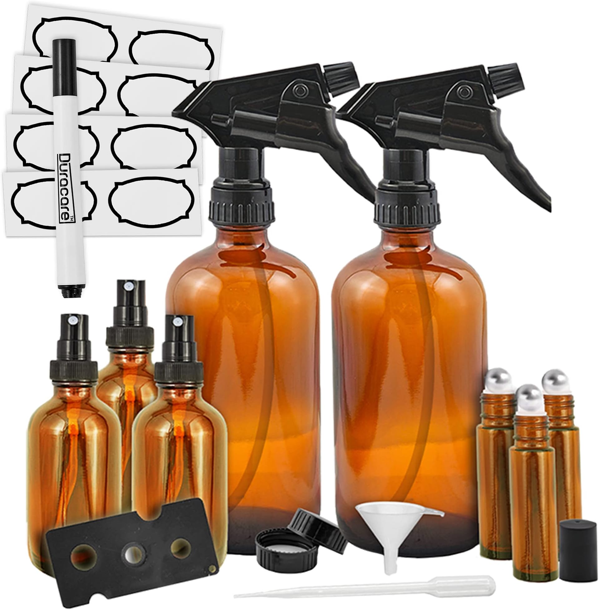 Duracare Amber Glass Spray Bottles (16oz), Essential Oil Roller Bottles (10ml) and Mist Sprayers (2oz) - for Essential Oils, Cleaning Products and Aromatherapy