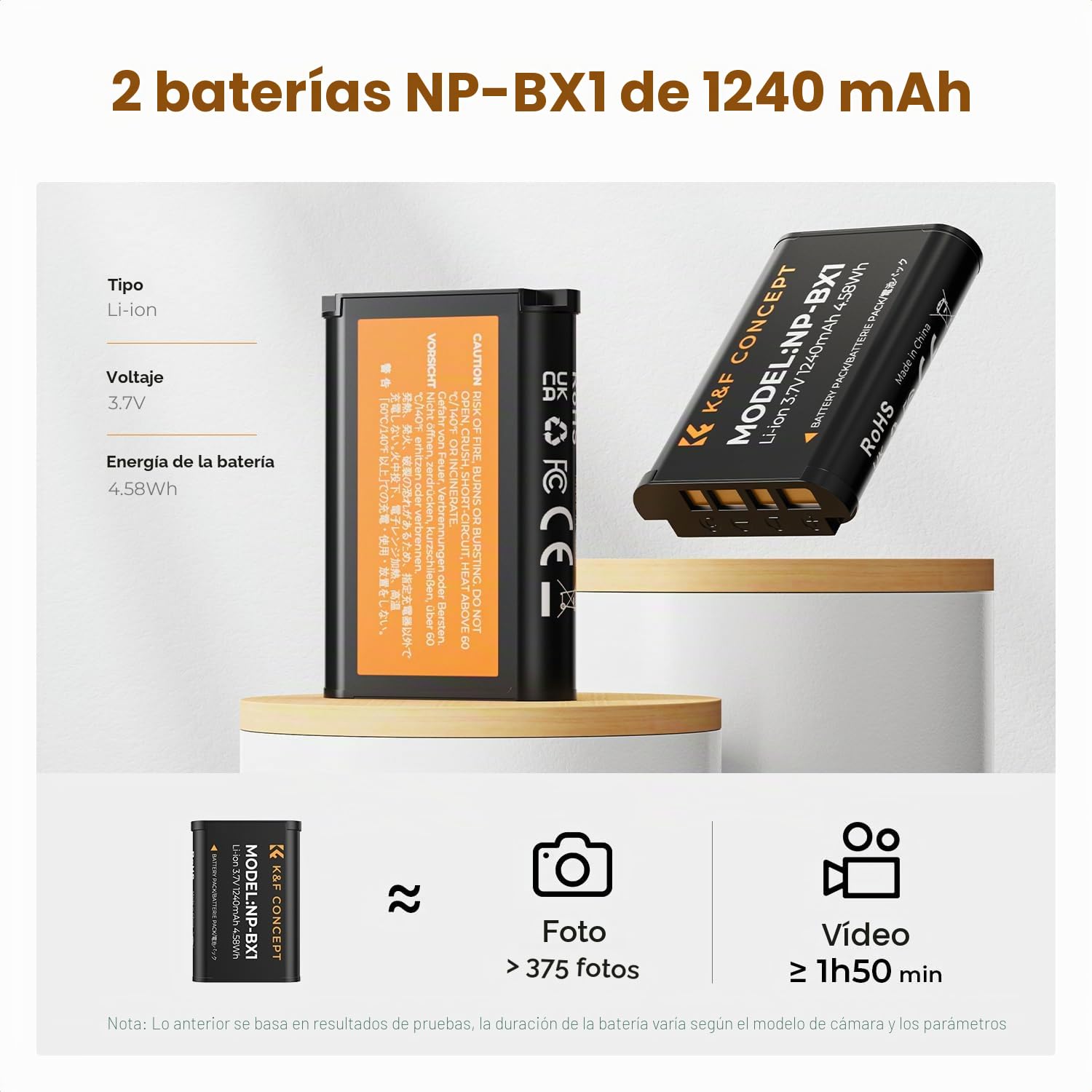 K&F CONCEPT NP-BX1 Batería de Repuesto 2-Pack con Cargador LCD Dual Slot, Compatible con Sony RX100/ HX50 /WX350 /RX1R /HX90/RX100M7/M6/M5/PJ410/AS30