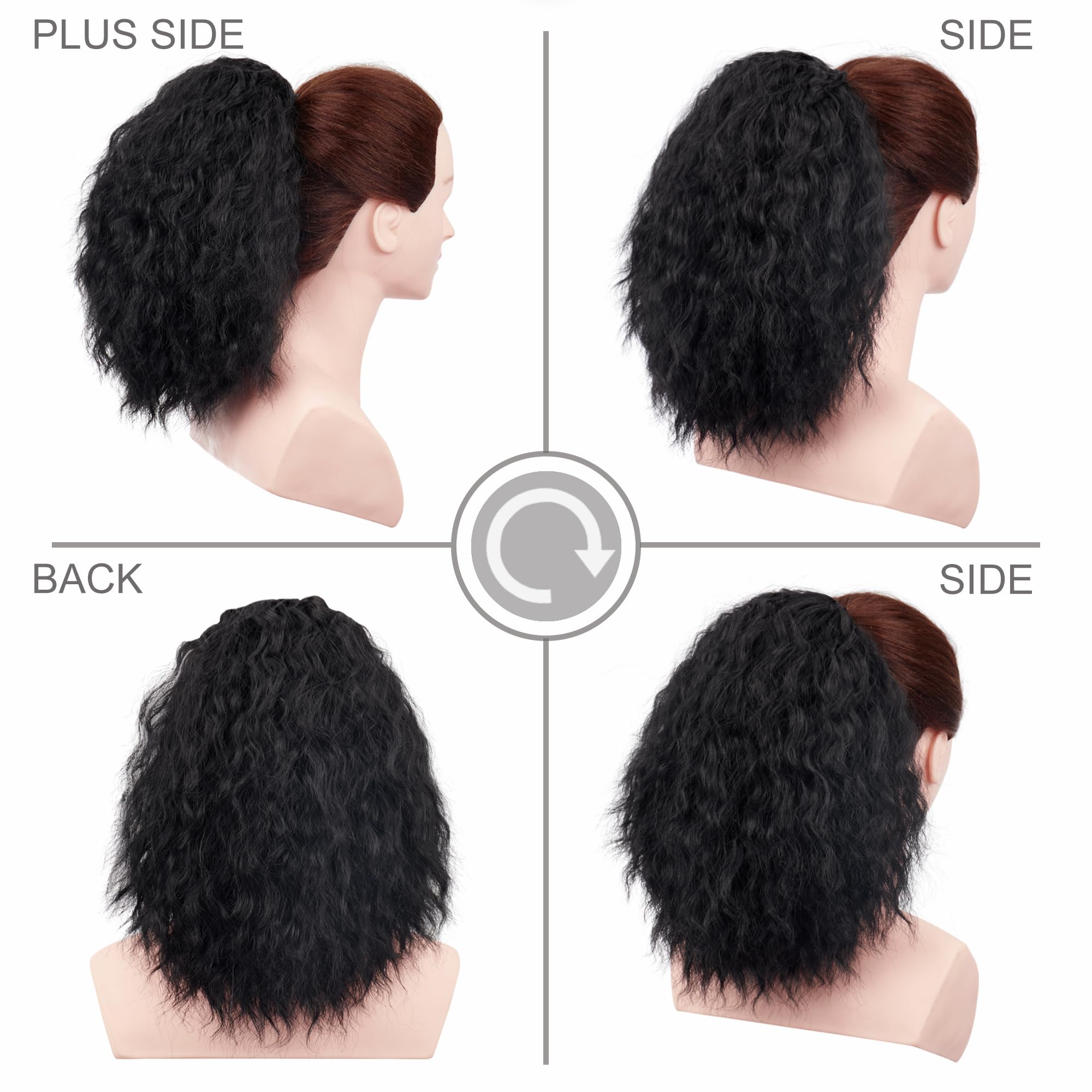 PORSMEER Short Black Curly Ponytail Extension Drawstring Ponytail,8 Inch Messy Hair Piece for Updos Natural Looking Synthetic Hair Afro Kinky Curly Pony Tails for Women