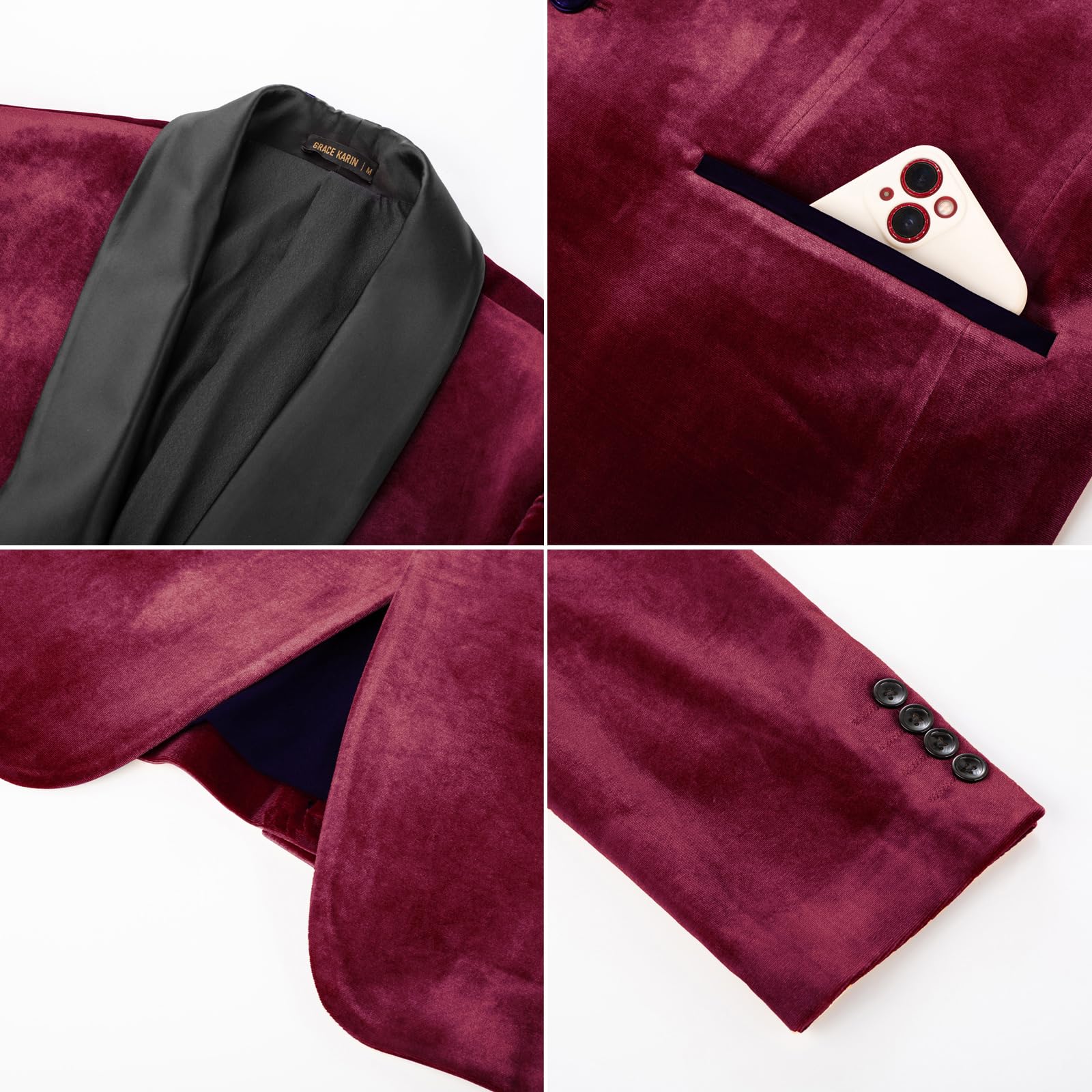 GRACE KARIN Blazer de un botón para Hombre, Ajuste Regular, Chaqueta de Traje de Terciopelo, Chaqueta de Fiesta para Boda, Navidad
