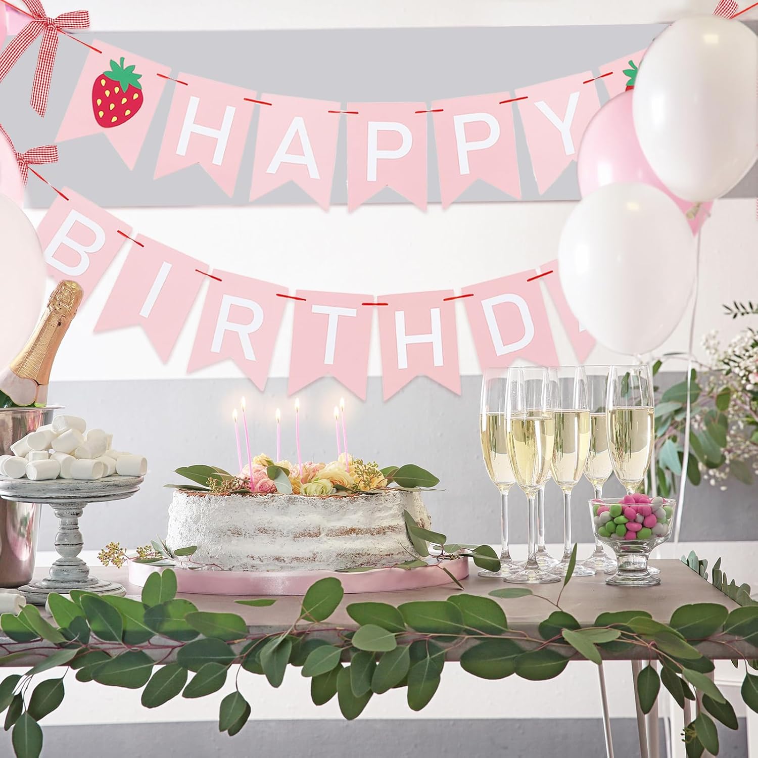 JarThenaAMCS 2Pcs Strawberry Happy Birthday Banner 3D Pink White Birthday Paper Banner with Ribbon Bow for Home Office Hanging Decoration - Image 3