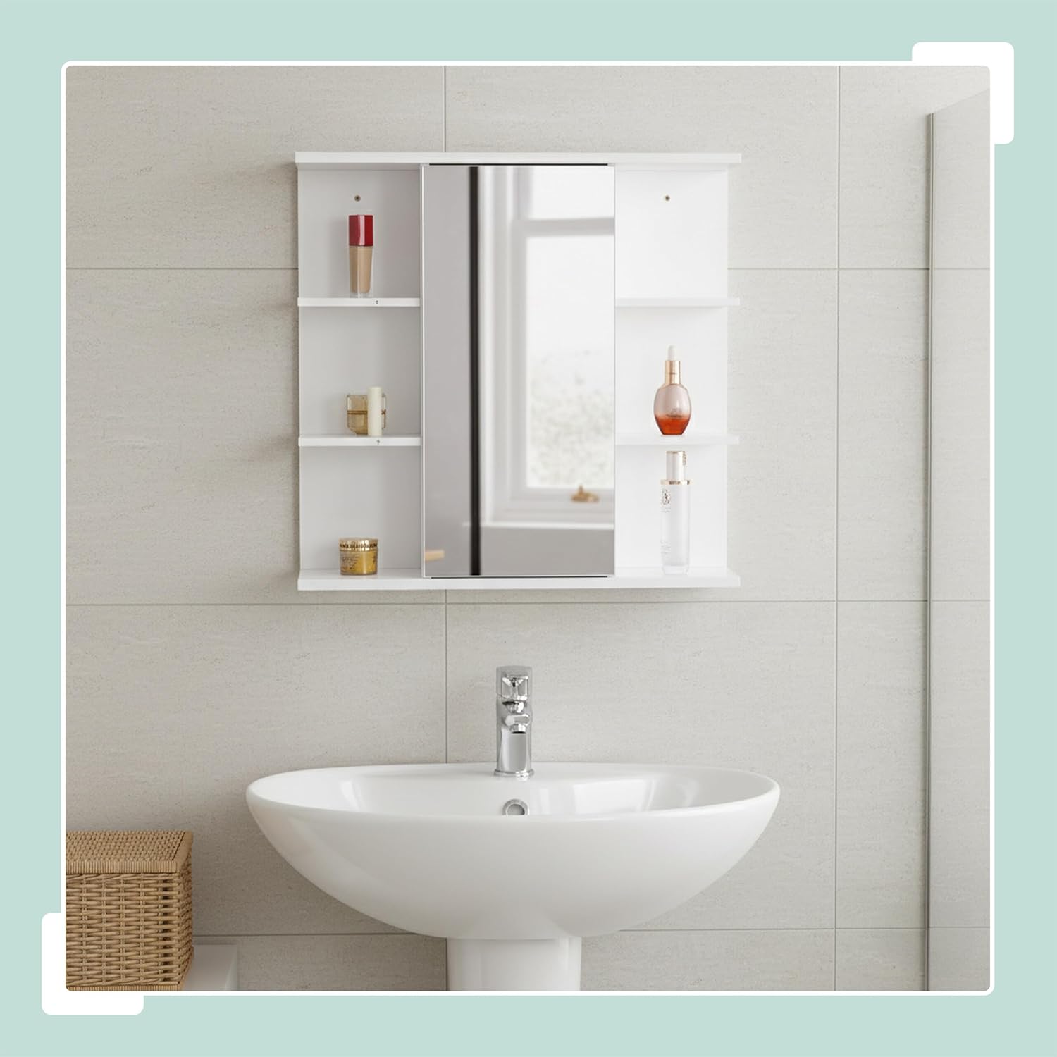 Relaxdays Wall-Mounted Mirror Cabinet, 6 Shelves, 2 compartments, HxWxD: 64 x 62 x 21 cm, Bathroom Storage, Blue-Grey, 85% Fibreboard, White
