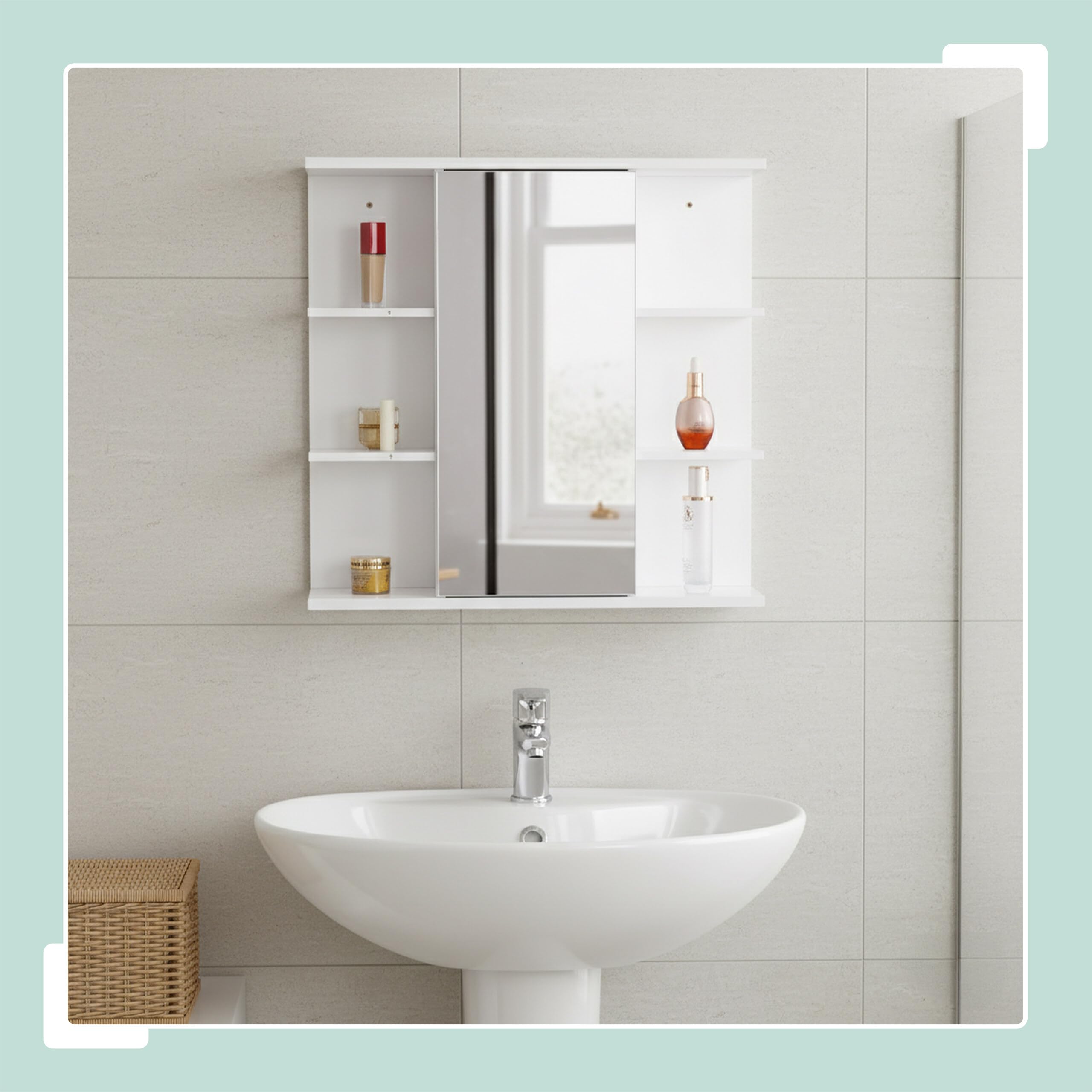 Relaxdays Armadio a Specchio, 6 Ripiani, 2 Scomparti, HxLxP: 64 x 62 x 21 cm, Montaggio a Parete