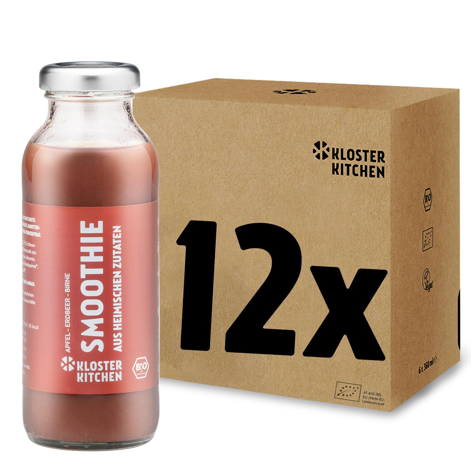 Kloster Kitchen Bio Smoothie Rot Apfel Birne Erdbeer 12x 250 ml I Superfood Frühstück vegan I To Go Glasflasche I Powerfood aus heimischen Zutaten