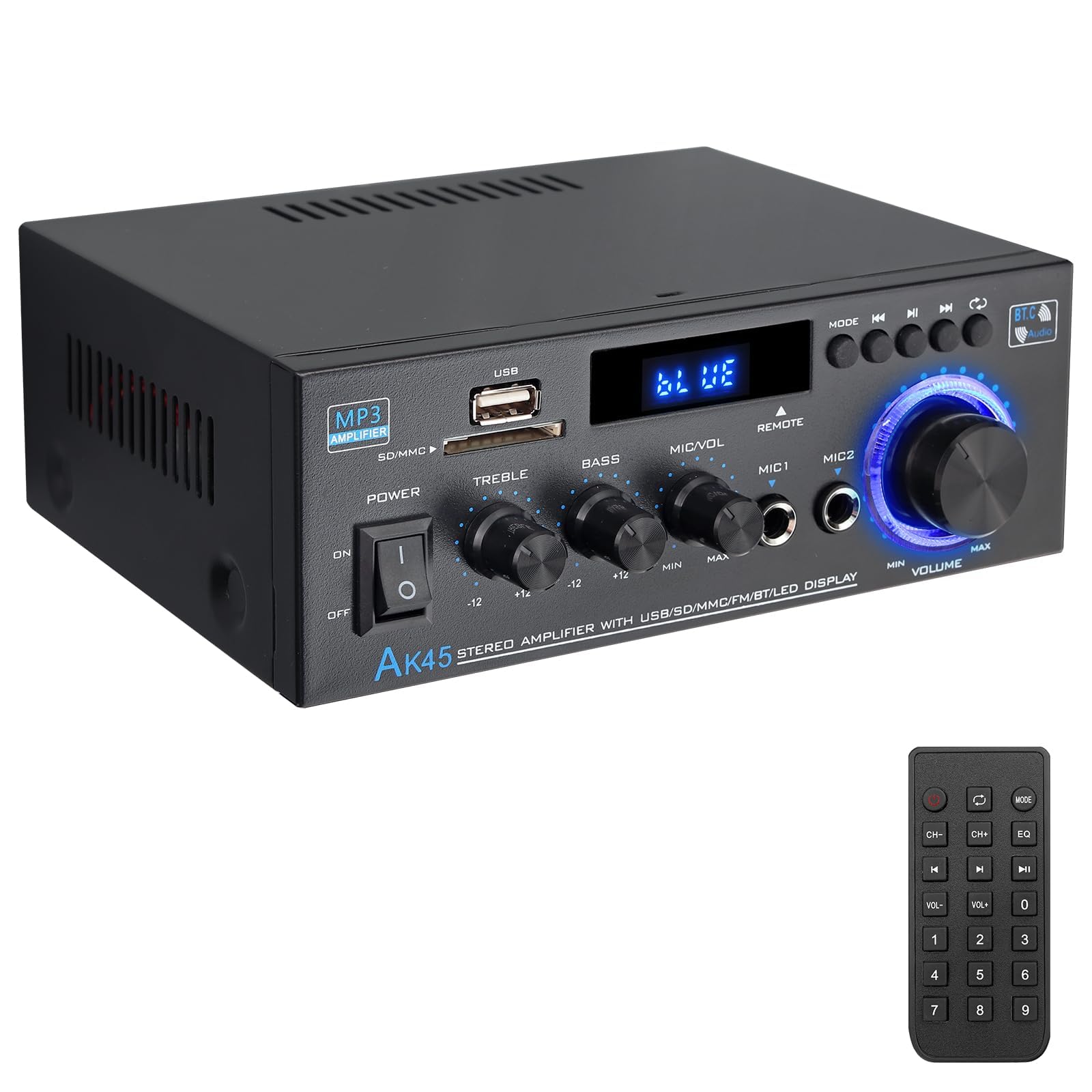 PROZOR Bluetooth Amplifier - 2.0 Channel HiFi Amplifier with IR Remote Support Bluetooth 5.0 / RCA/USB 2.0 / SD Card/FM / 2Mic Input Audio AMP 40Wx2 for Radio Karaoke Home Theater System