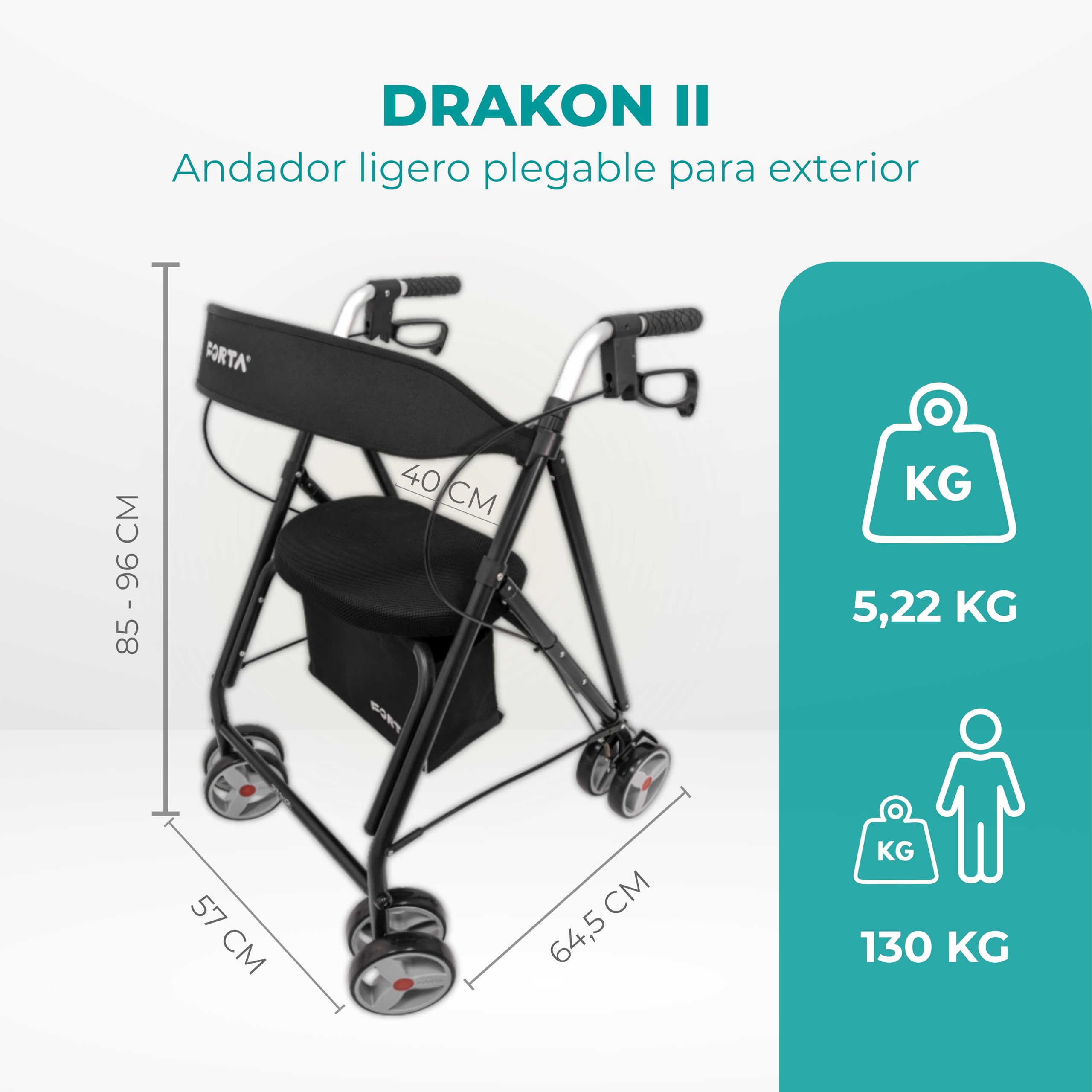 Forta Drakon 2 - Andador ligero y plegable para personas mayores - Con asiento, regulable en altura, freno de mano, para uso en exteriores - Capacidad de carga hasta 130 kg (Negro)