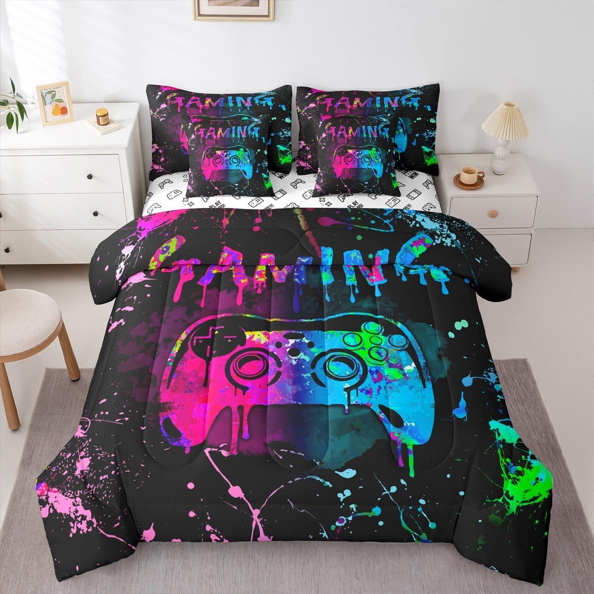 Erosebridal Comforter Set Twin Size, Gamer Gaming Console 7 Pcs Bedding Sets for Kids Boys Teen Video Game Room Bedroom Decor, Graffiti Bed Sheets with Fitted Flat Sheet 2 Pillowcases & 2 Shams