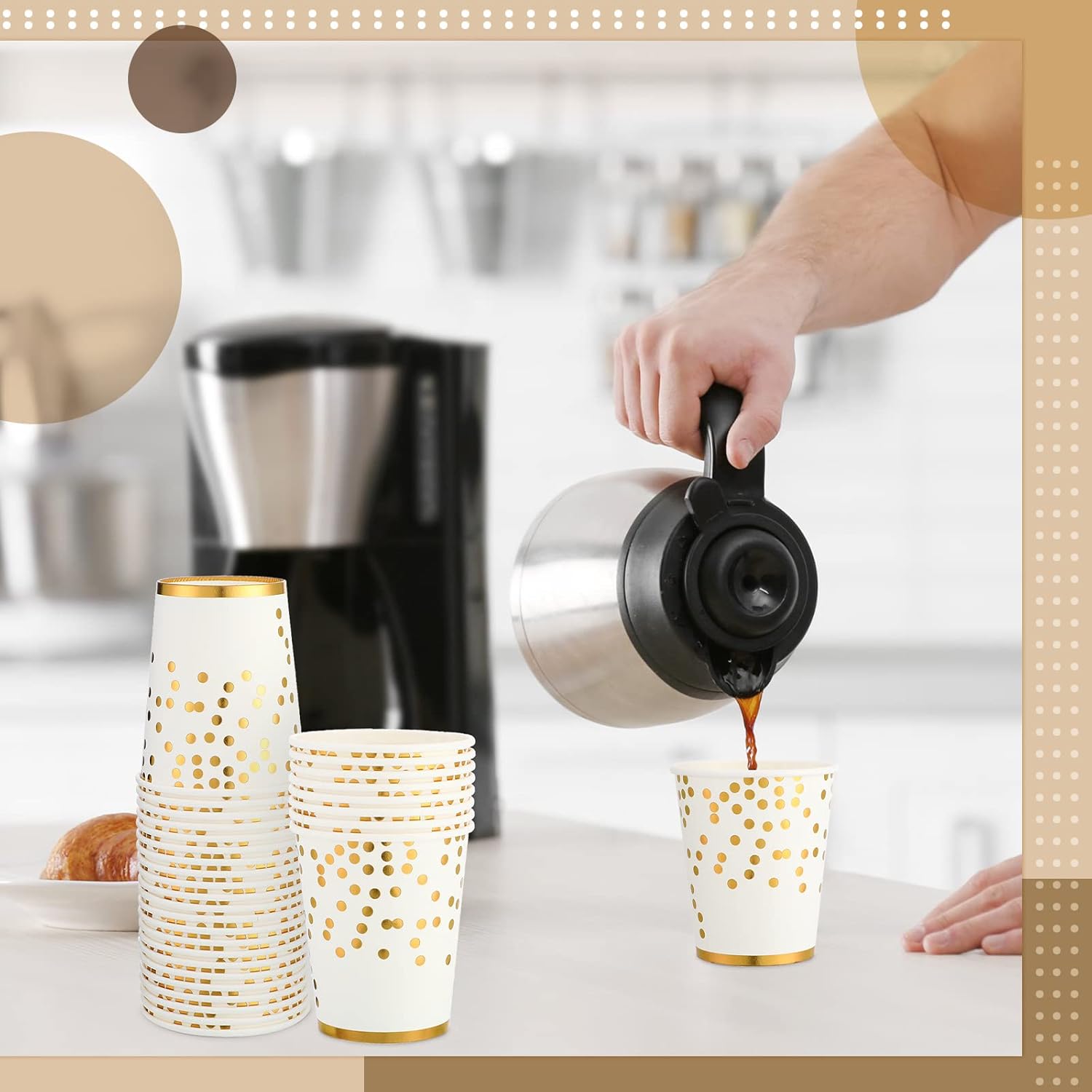 Dingion 200 Pcs 8oz White Gold Paper Party Cups Disposable Glitter Foil Drinks Hot Cold Dot Coffee Tea Cups for Birthday Wedding Bridal Shower Holiday Anniversary Party Favors - Image 3