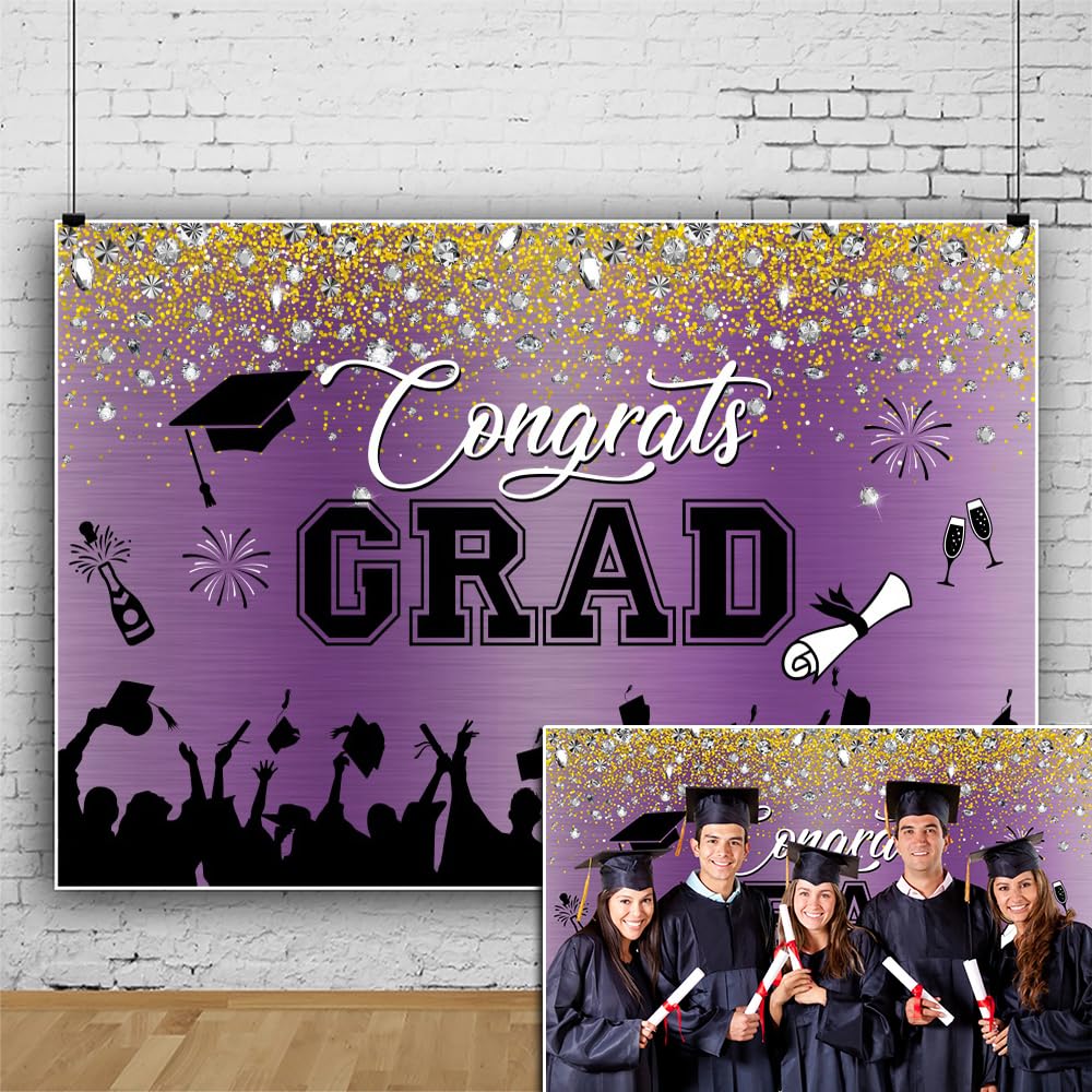 Leowefowa Congrats Grad Backdrop 10x8ft Purple Black Gold Glitter Graduation Backdrops for Photography Congratulations Graduates Backdrop Banner Grad Prom Party Decor Grad Photo Booth Props