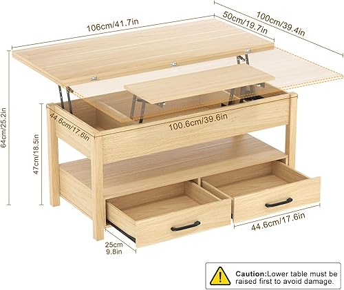 Miniatura 2 de SYESWAY Mesa de centro elevable, mesa auxiliar multifuncional 3 en 1 con cajones y compartimentos ocultos, mesa de centro se convierte en mesa de