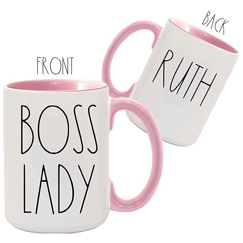 Miniatura 3 de BOSS LADY Farmhouse skinny style inspired Font PINK! 15oz Ceramic Mug | Your Custom Text on the back side!