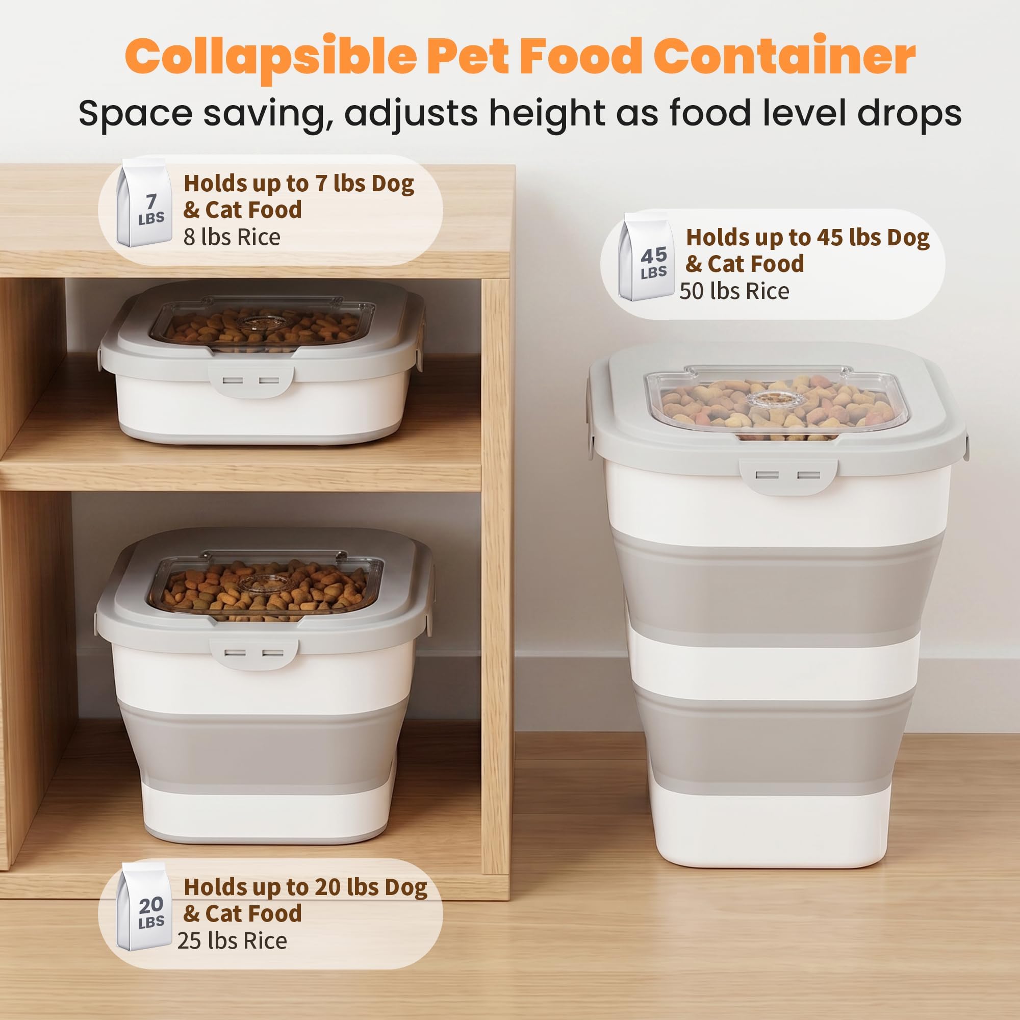 Contenedor de almacenamiento de alimentos para perros de 35 a 40 libras, contenedor plegable para alimentos para mascotas con tapas herméticas, ruedas desmontables, cuchara y 2 recipientes de