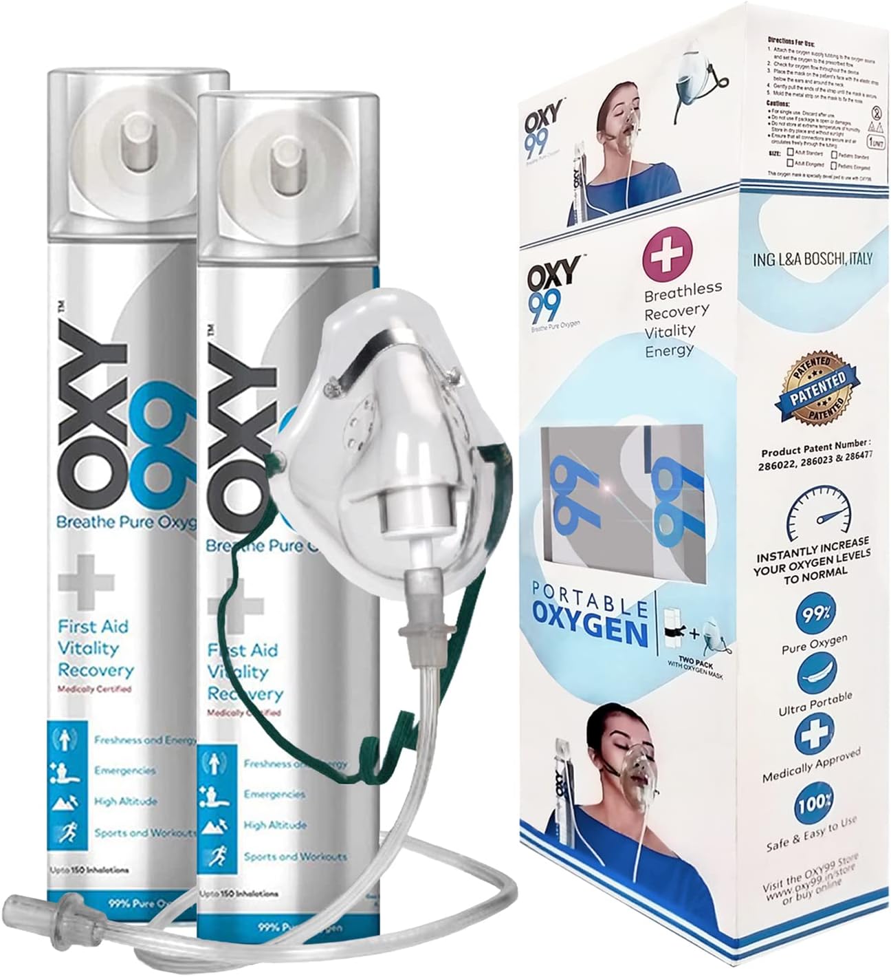 OXY99 Natural Oxygen Can 2 Pack 12 L with Mask, Tube & Elastic Strap - Medical Oxygen Cylinder For Home, Oxygen Cylinder For Travelling, Oxygen Can For Trekking & Hiking Adventures, ING. BOSCHI ITALY