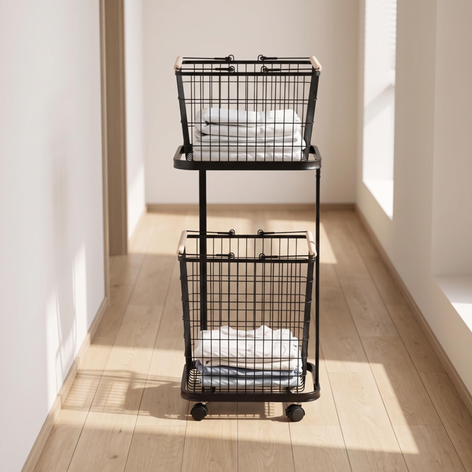 Carrello Portabiancheria con Ruote Mobile Cesto Portabiancheria a Due Livelli Ventilato per Lavanderia, Bagno, Bianco