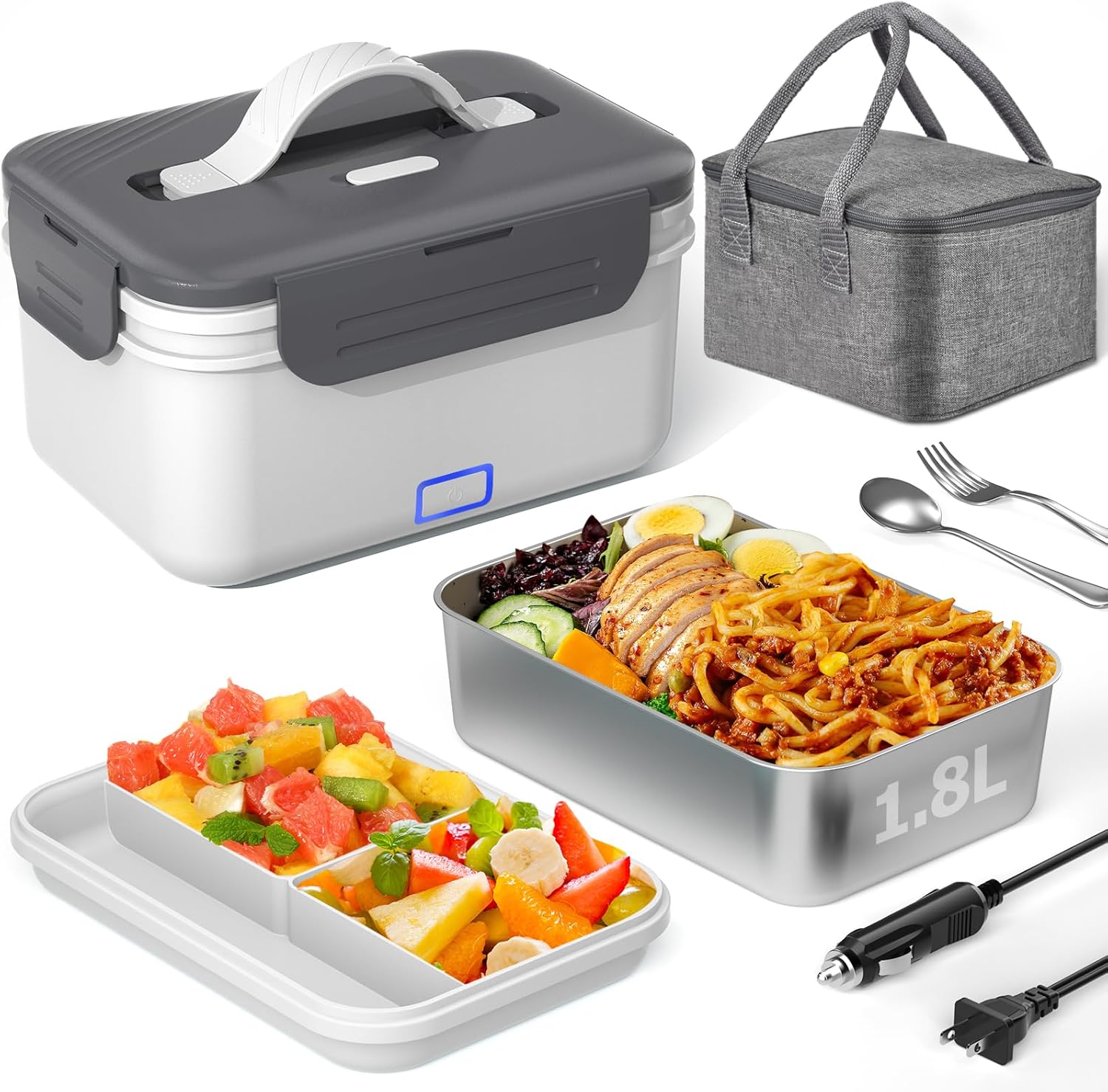 Akhia Electric Lunch Box for Adults,100W/1.8L Heated Lunch Box for Men Work/Car/Truck,Portable Food Warmer Lunch Box Upgraded with Fork Spoon Insulated Carry Bag,12V/24V/110V Valentine's Gift for Men