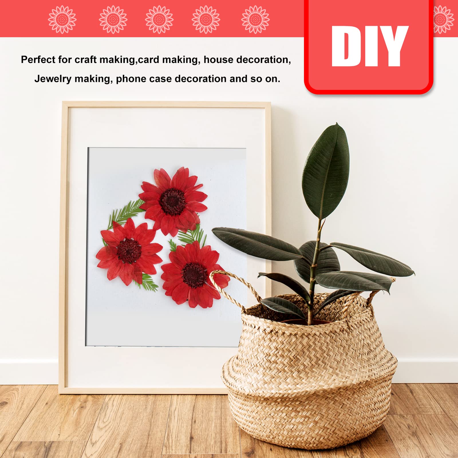 60 Stück natürliche kleine getrocknete Sonnenblumen für Harz, rote echte gepresste Sonnenblume trockene Sonnenblumen zum Basteln DIY Epoxidharz Form Schmuck Kerzen Scrapbooking Kartenherstellung Home
