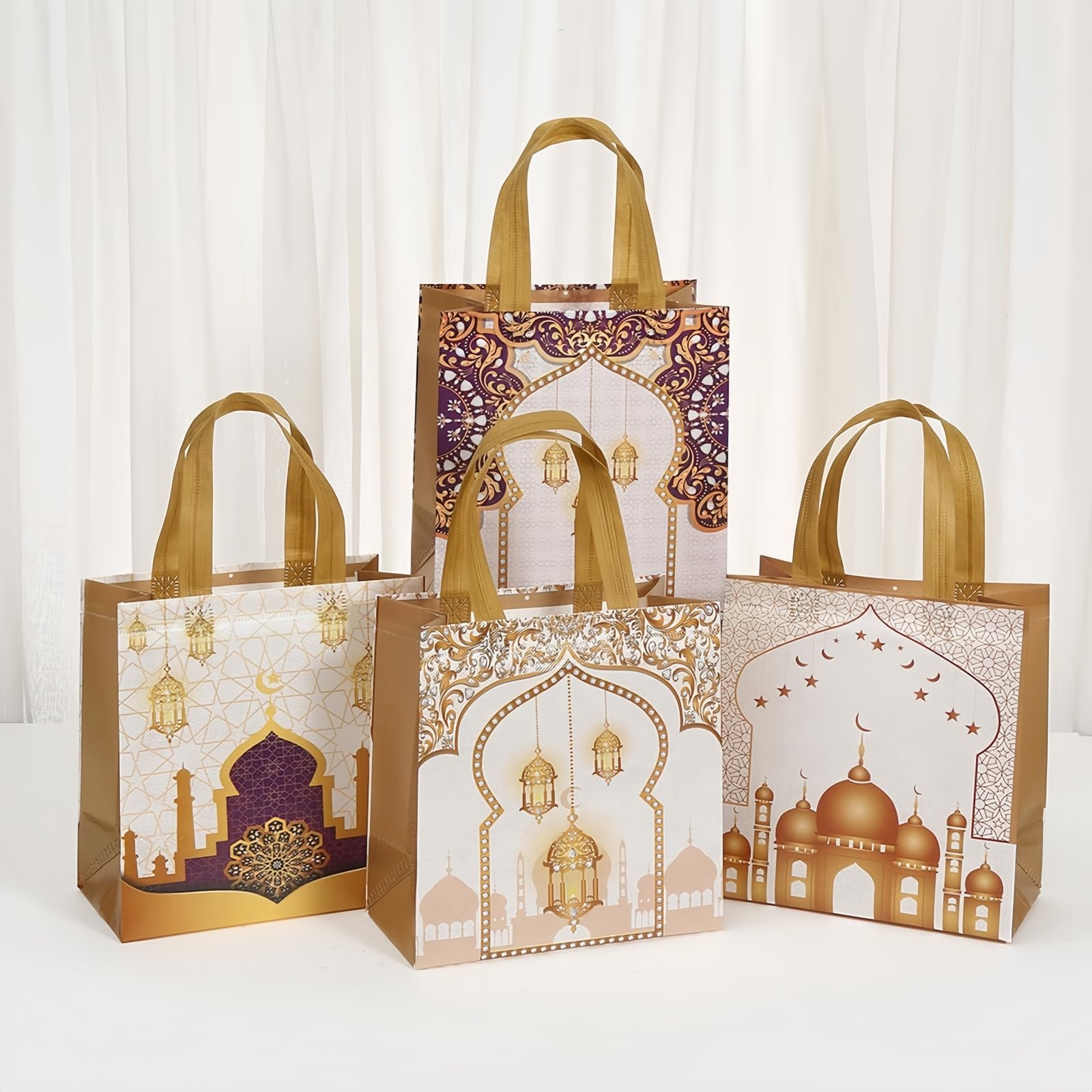 YVAINE 12pcs Ramadan Mubarak Gift Bags with Handles - Reusable Non-Woven Treat Bags 11.4 x 10.6 x 4.7 Inches, 4 Assorted Islamic Designs with Stars, Moon, Mosque & Lanterns for Eid Mubarak Sweets, Party Supplies, Holiday Gifting