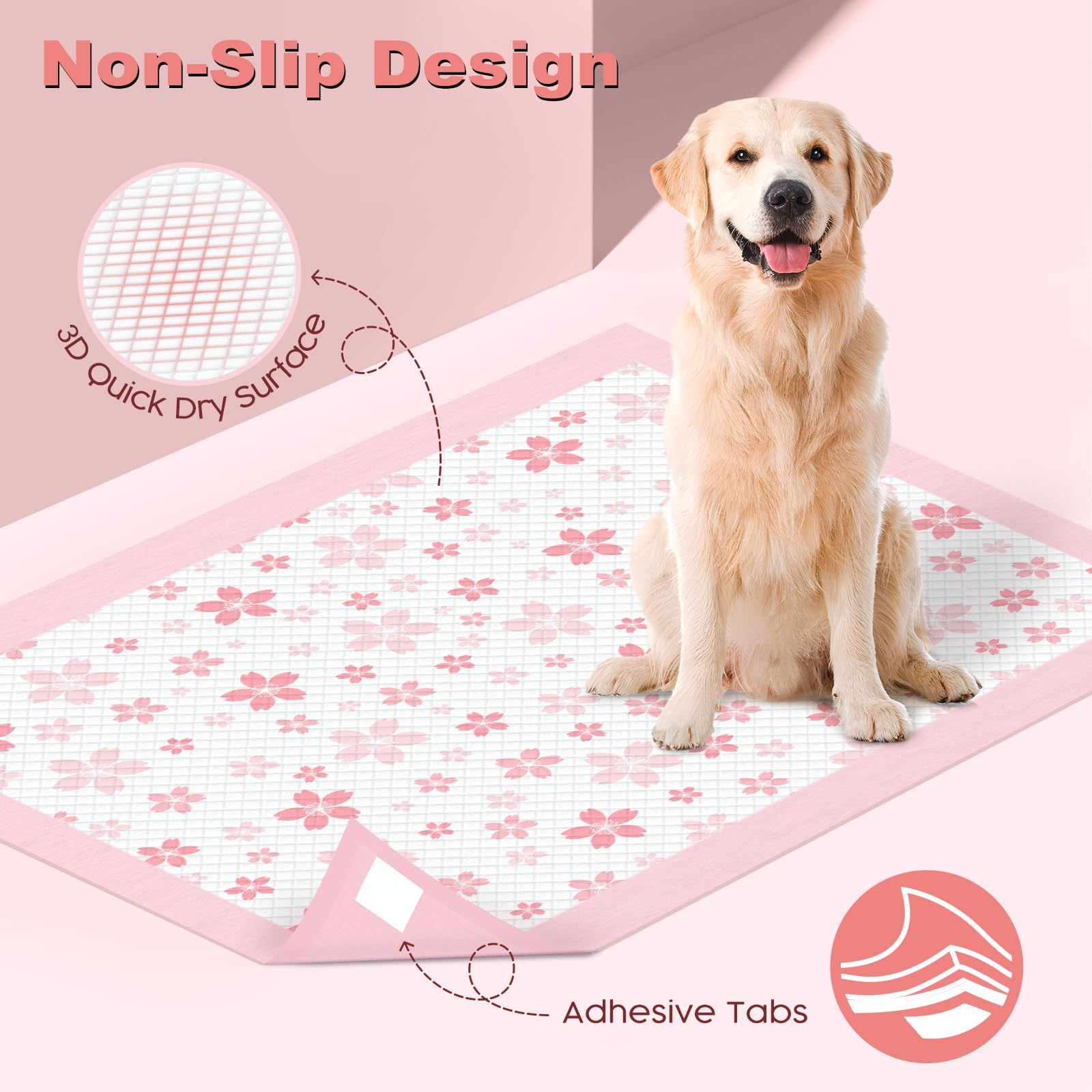 MIZOK Puppy Pads 22"x 22" with Leak-Proof Quick-Dry Design Pee Pads for Dogs Potty Training, 6-Layer Standard Absorbency Dog Pee Pads Regular Size, Pink Cherry Blossom Pattern (50 Counts): 28x34in | 50Ct-Pink