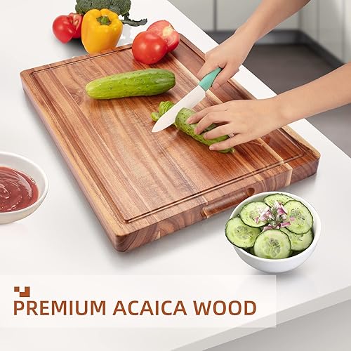 Miniatura 4 de Tabla de cortar grande de madera de acacia de 20 x 15 pulgadas, tabla de cortar de madera reversible con ranura para jugo, tabla de tallar para