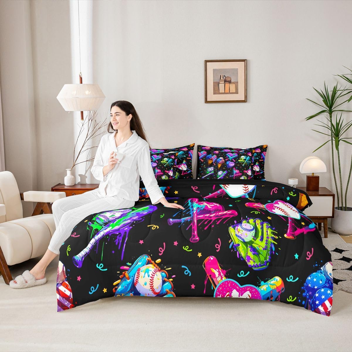 Kids Baseball Cream 7 Piece Bedding Set Queen Size Ice Cooling Bed in a Bag For Boys Girls Teens Bedroom Decor Baseball Gaming Comforter Set with Sheets,Pillowcases & Cushion Cover Sports Microfiber
