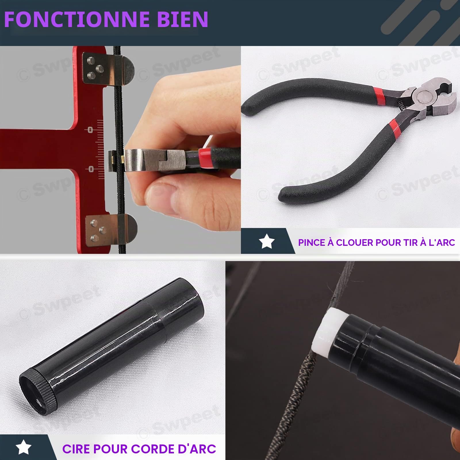 Swpeet Kit de 17 pièces d'outils pour corde d'arc, pince à boucle de nœud pour tir à l'arc, ensembles de nœud de corde d'arc, règle carrée pour arc en T, cire pour corde d'arc, silencieux de corde